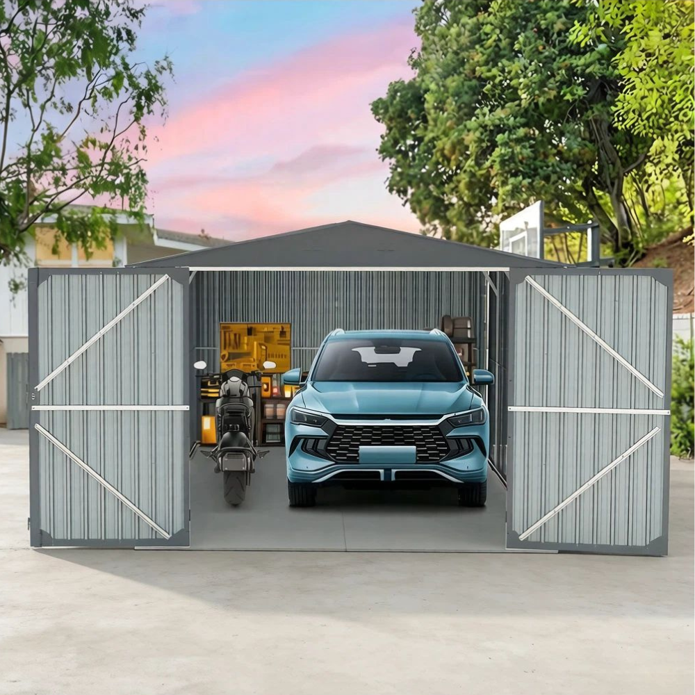 Metal storage shed with a car and motorcycle inside, surrounded by trees and a sunset sky.
