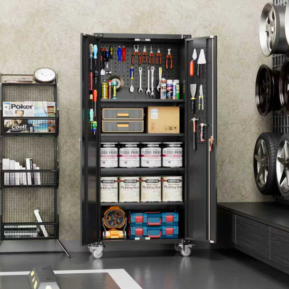 Tool cabinet with open doors displaying tools and supplies in a garage setting.