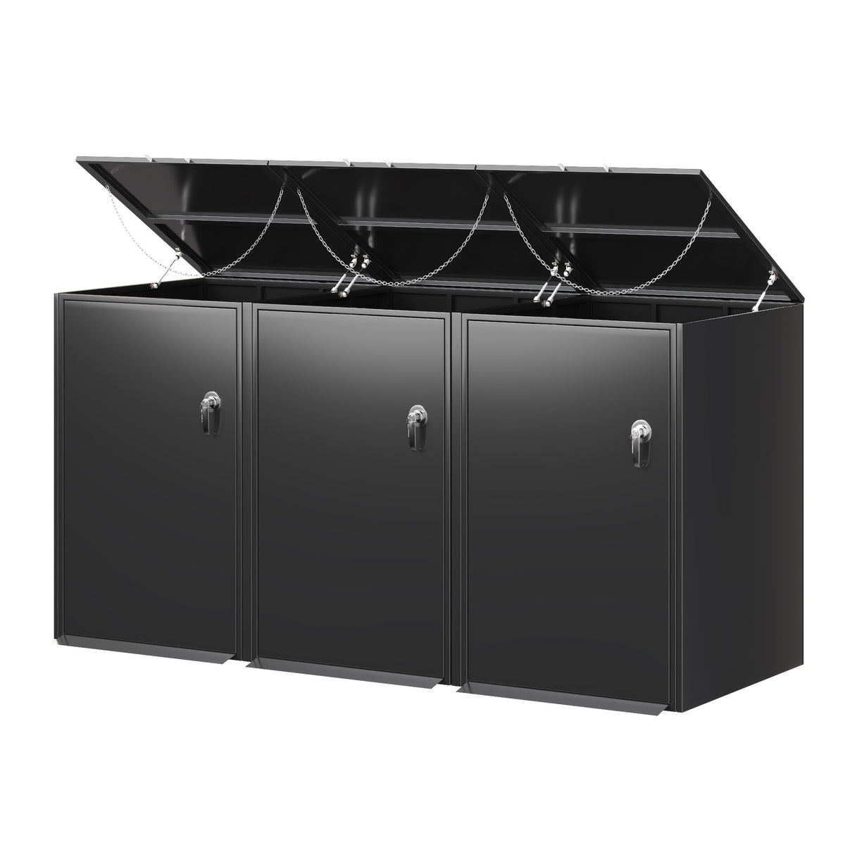 A three-compartment black metal storage cabinet with doors and a hinged lid that is open, showing the interior shelving and chains. The cabinet has silver handles and is set against a plain white background.