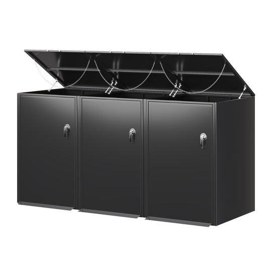 A three-compartment black metal storage cabinet with doors and a hinged lid that is open, showing the interior shelving and chains. The cabinet has silver handles and is set against a plain white background.