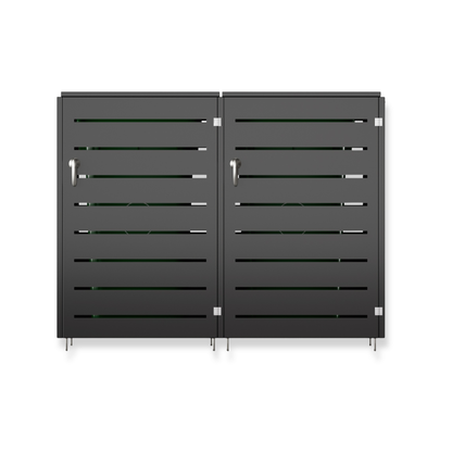 2-bin outdoor garbage bin storage shed in charcoal grey galvanized steel.