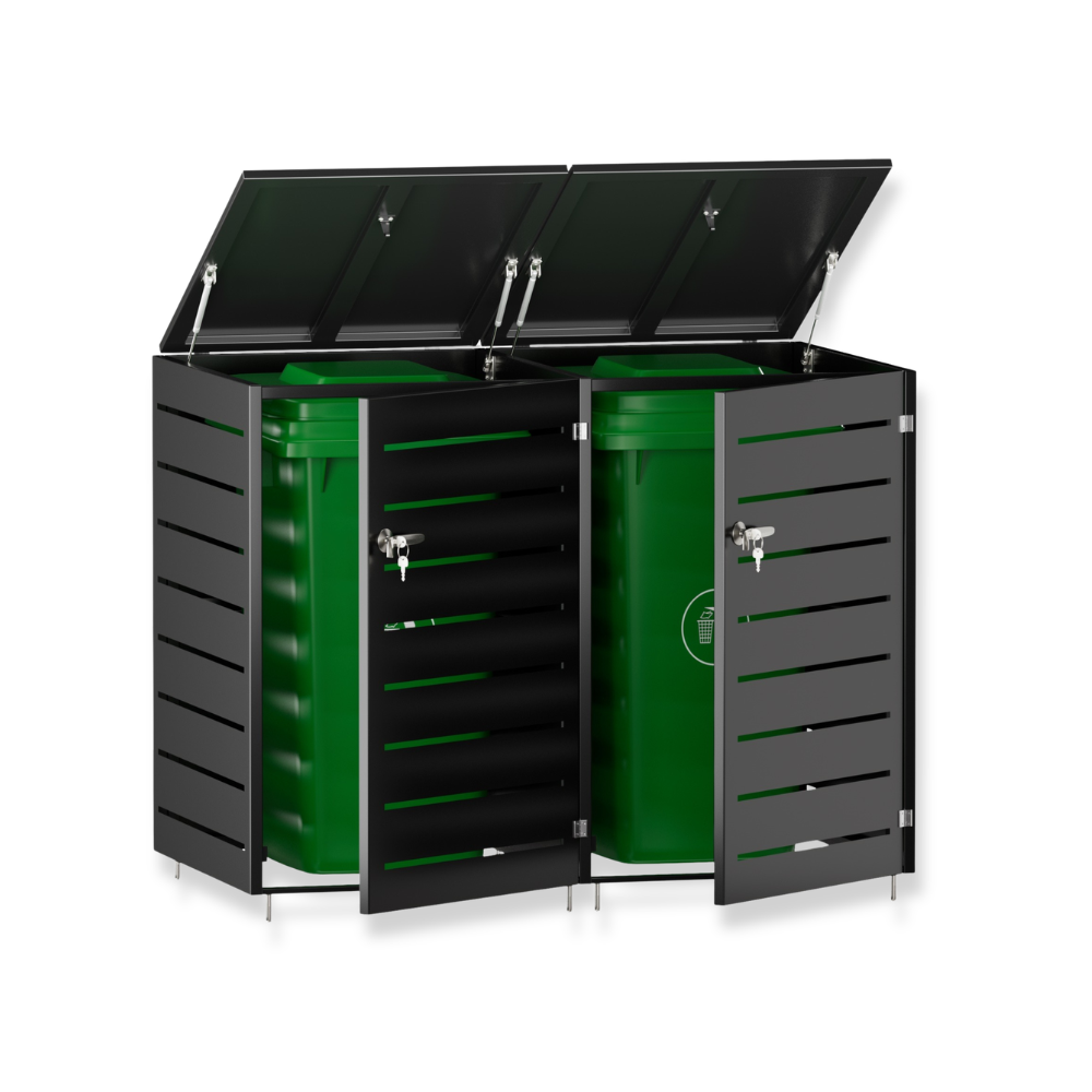 Weatherproof metal enclosure for two standard trash and recycling bins.