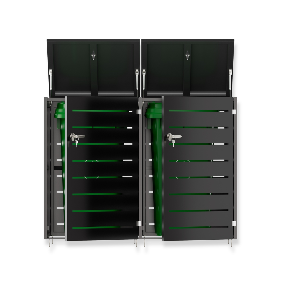 Black storage cabinet with green interior on a white background