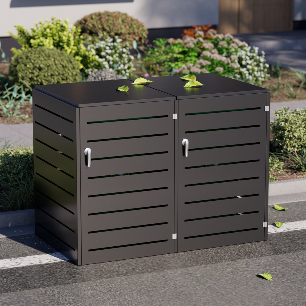 Close-up of heavy-duty steel panels on a 2-bin waste storage shed.