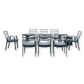 An 8-seater outdoor dining table with a fire pit in the center, featuring a aluminum frame and cushioned chairs.