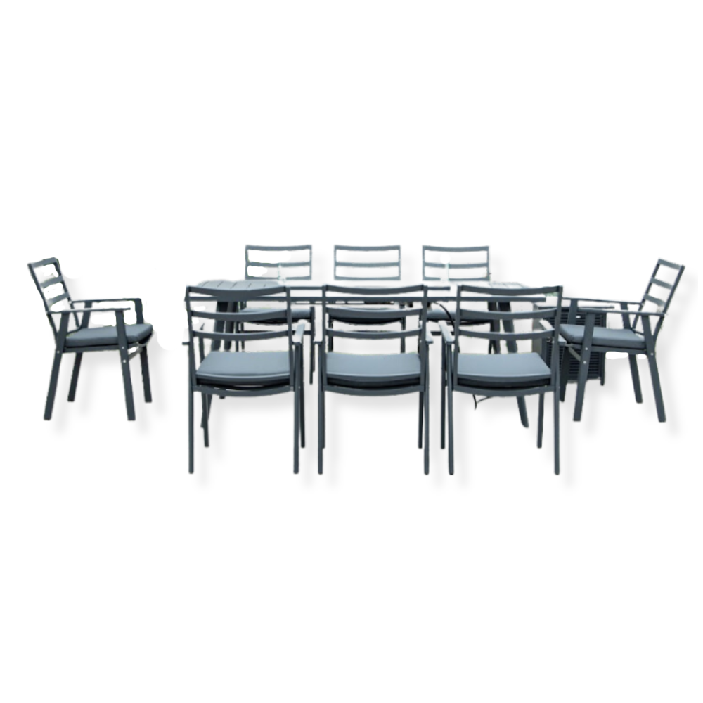 An 8-seater outdoor dining table with a fire pit in the center, featuring a aluminum frame and cushioned chairs.