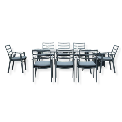 An 8-seater outdoor dining table with a fire pit in the center, featuring a aluminum frame and cushioned chairs.
