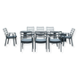An 8-seater outdoor dining table with a fire pit in the center, featuring a aluminum frame and cushioned chairs.