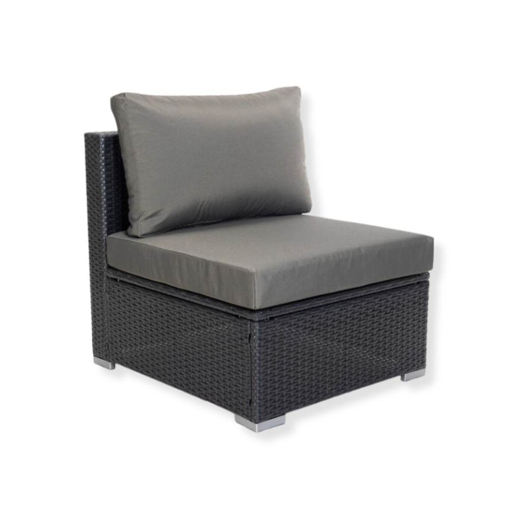 A black armless sofa with a steel frame and premium PE rattan construction, featuring a cushion and a pillow, designed for outdoor seating.