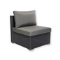 A black armless sofa with a steel frame and premium PE rattan construction, featuring a cushion and a pillow, designed for outdoor seating.
