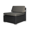 A black armless sofa with a cushioned seat and backrest, made from PE rattan with a UV-resistant finish.
