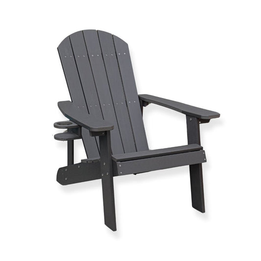 A gray Classic Adirondack Chair made from high impact polystyrene, designed for outdoor use.