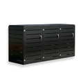 Black outdoor storage unit with three compartments on a white background