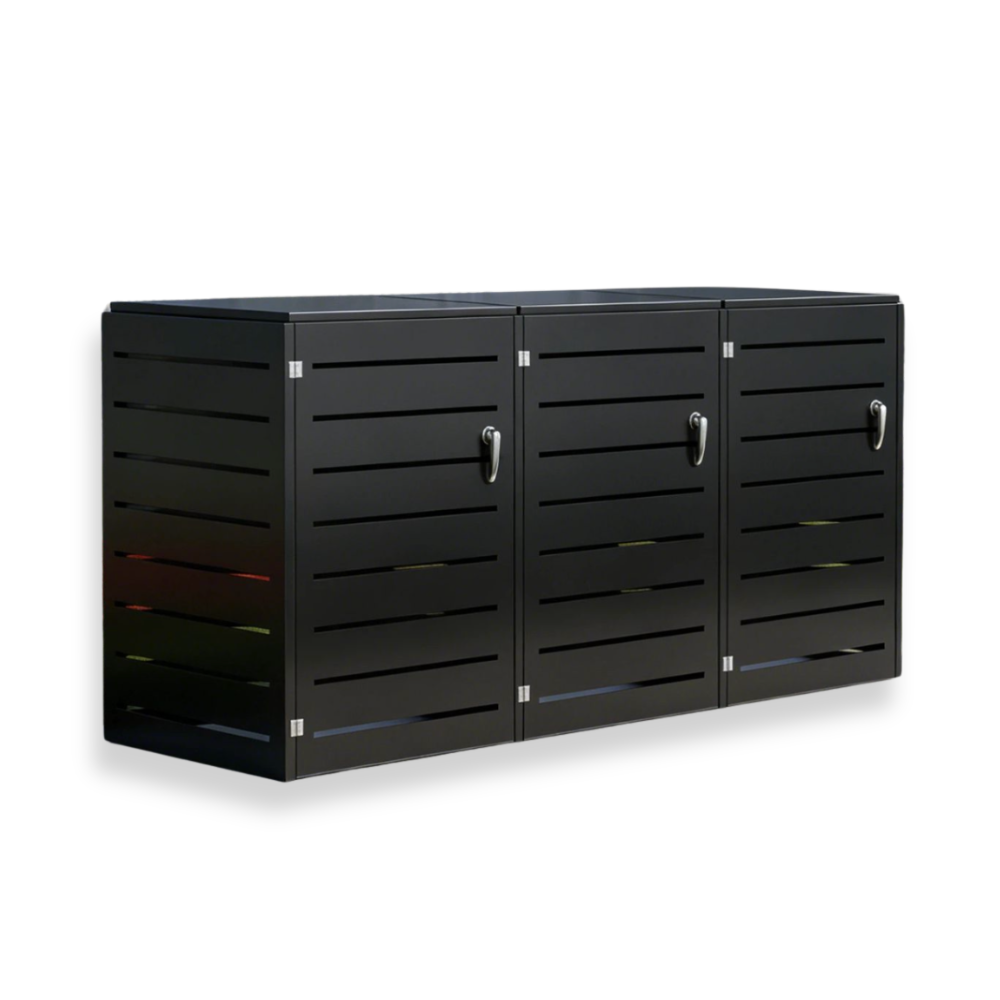 Black outdoor storage unit with three compartments on a white background