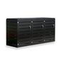 Black outdoor storage unit with three compartments on a white background