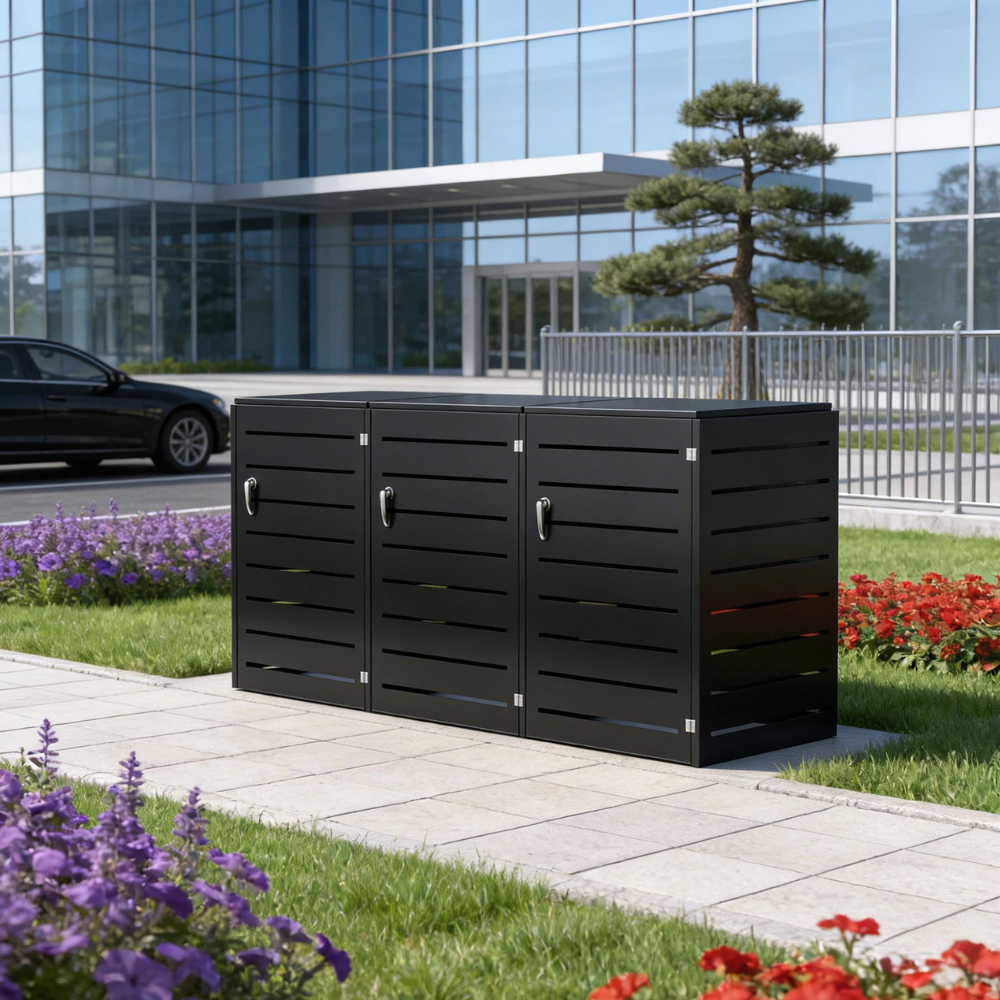 Black outdoor trash bins on a sidewalk with a modern building in the background