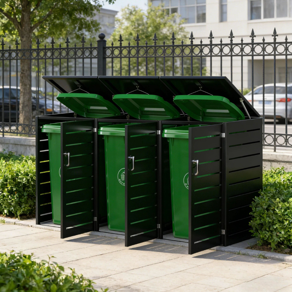 Green trash bins with black lids in a row on a sidewalk.