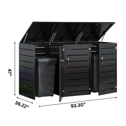 Black outdoor trash bin with open lid and dimensions displayed