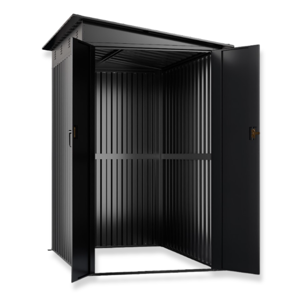 Interior view of 4x6 garden shed for tool and bike storage.