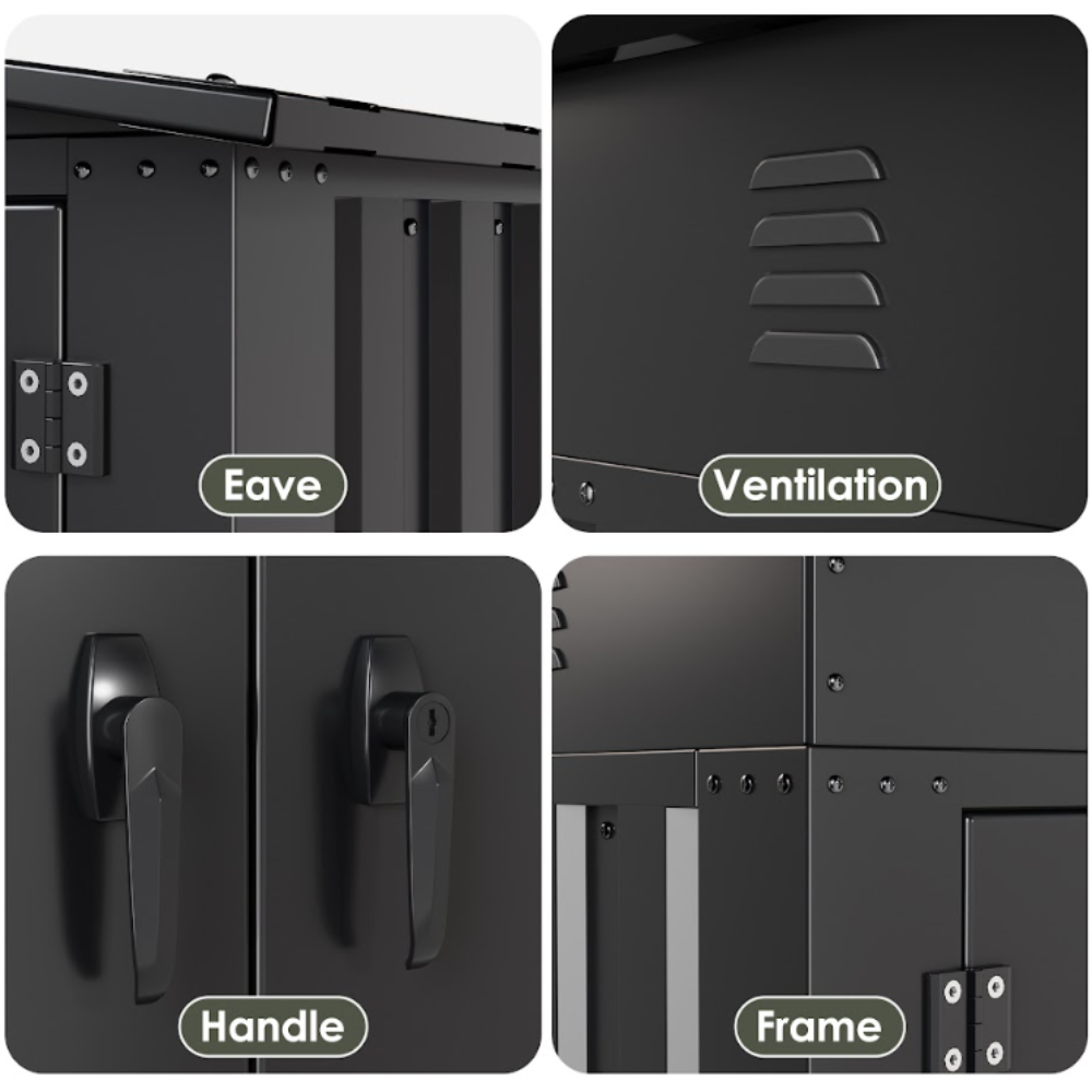 Collage of a black storage unit with labeled features including 'Eave', 'Ventilation', 'Handle', and 'Frame'.