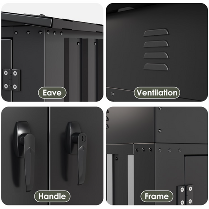 Collage of a black storage unit with labeled features including 'Eave', 'Ventilation', 'Handle', and 'Frame'.