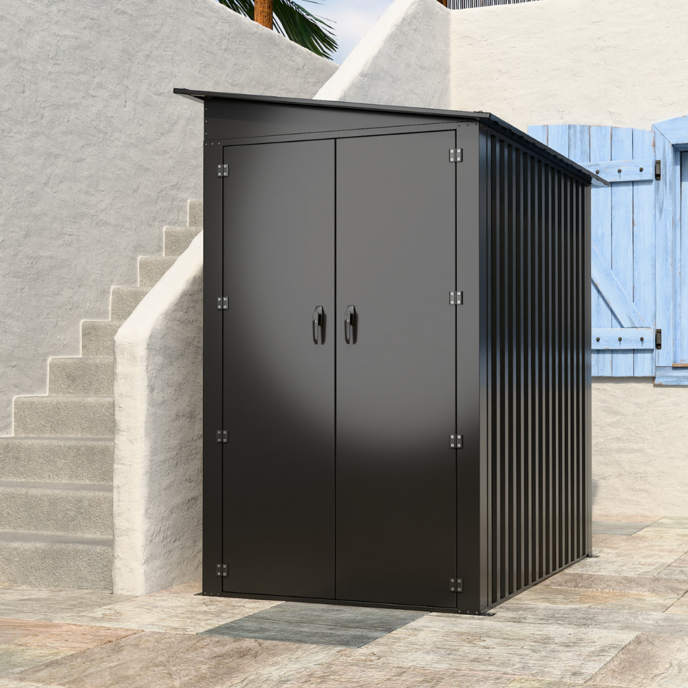 Double sliding doors on a 4x6 outdoor tool shed.
