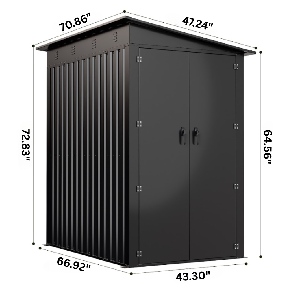 Black metal storage shed with dimensions labeled on a white background