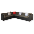 A large L-shaped outdoor sectional sofa with cushions in various colors, including a red accent pillow, placed on a white background.