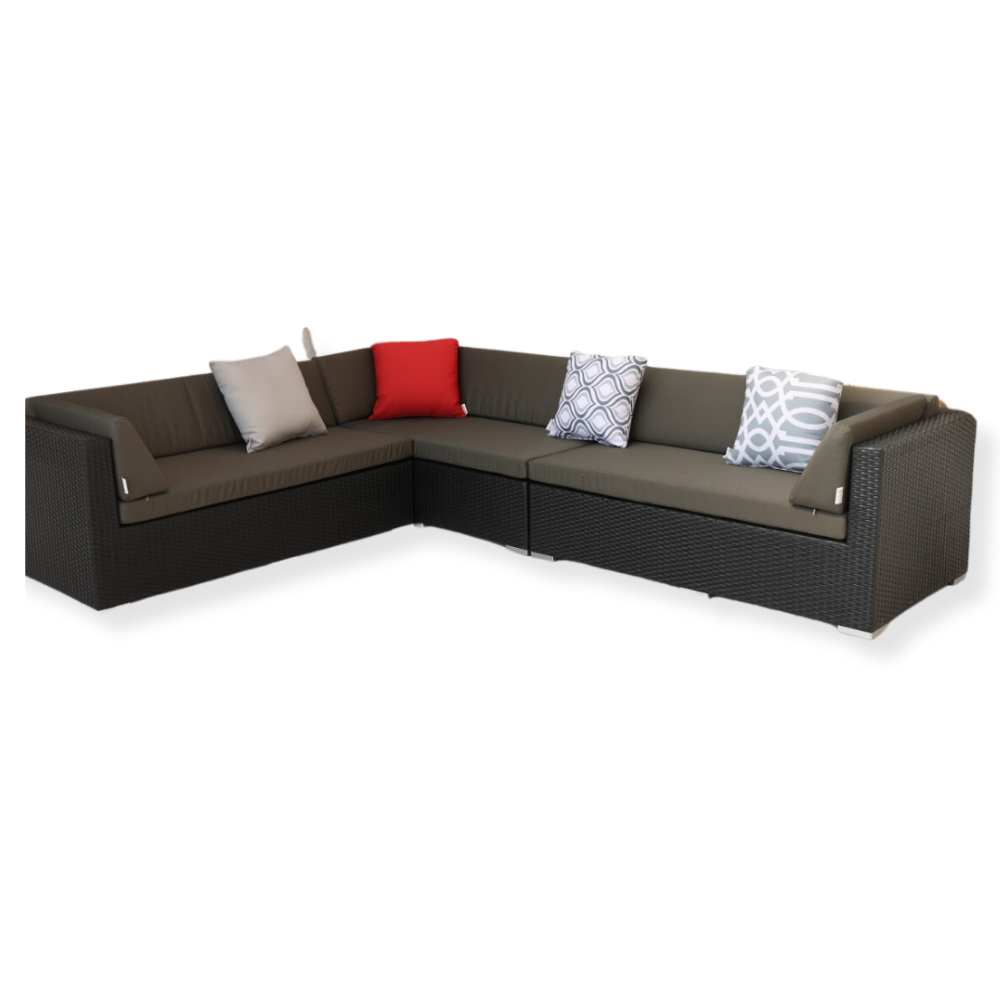 A large L-shaped outdoor sectional sofa with cushions in various colors, including a red accent pillow, placed on a white background.
