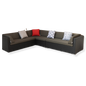 A large L-shaped outdoor sectional sofa with cushions in various colors, including a red accent pillow, placed on a white background.