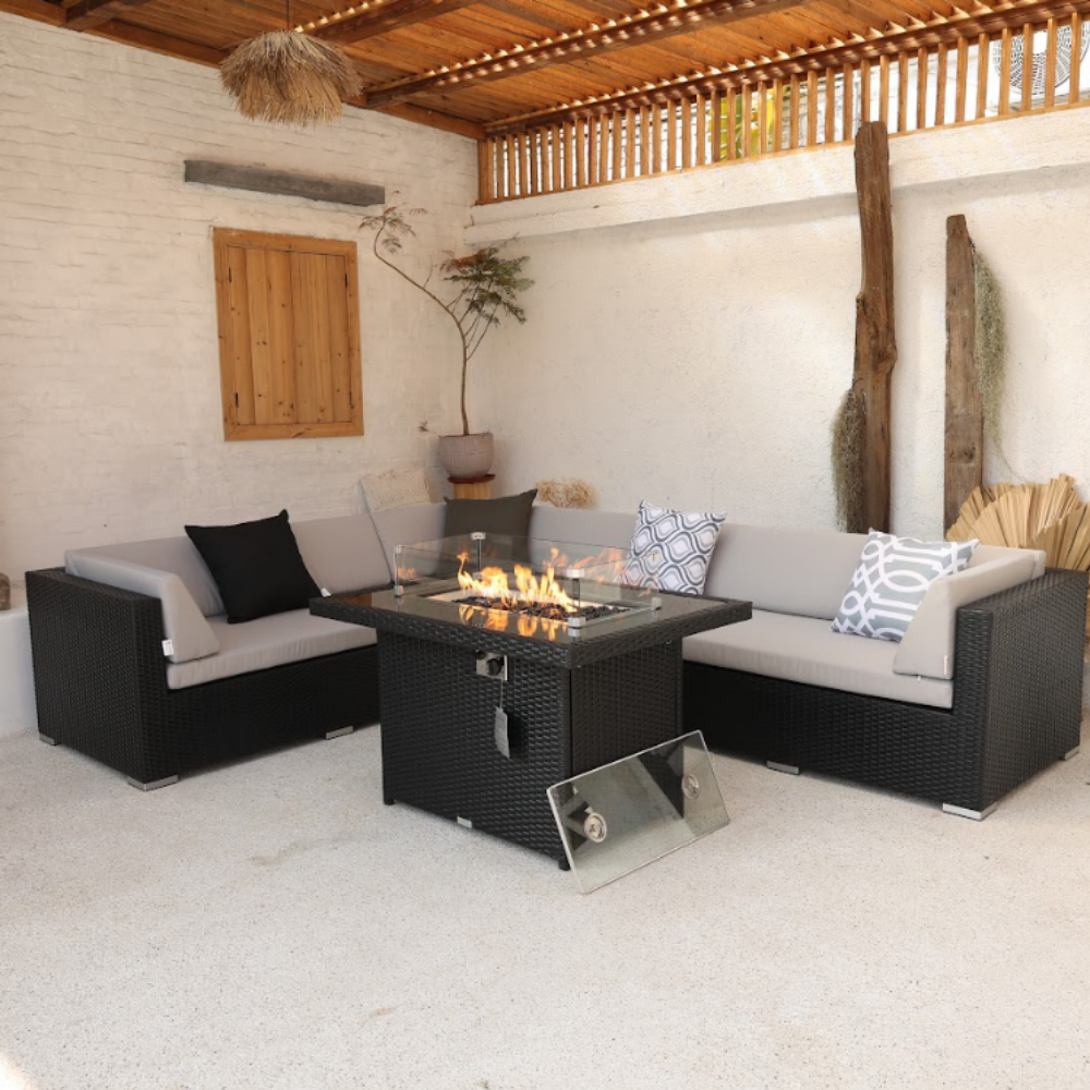 giant l sectional with wicker fire table
