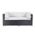 A two-person love seat with a white cushion, made of handwoven PE rattan with a durable aluminum frame, designed for outdoor use.