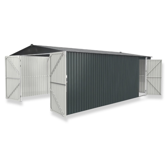 Metal storage shed with open doors on a white background