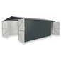 Metal storage shed with open doors on a white background