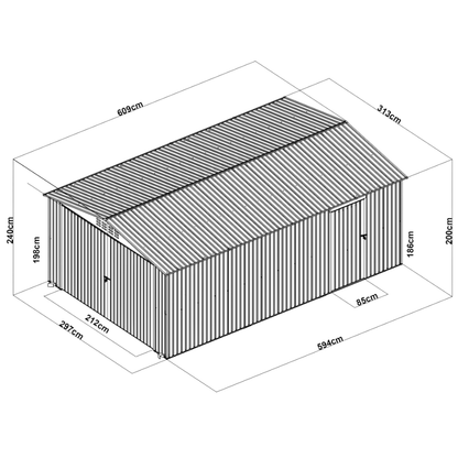 Isometric diagram of a storage shed with dimensions labeled