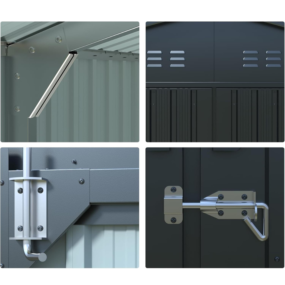 Collage of metal lockers with various components like hinges and latches.