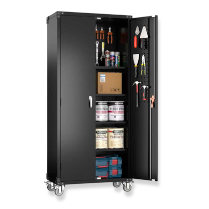 Black storage cabinet with tools and supplies on a white background