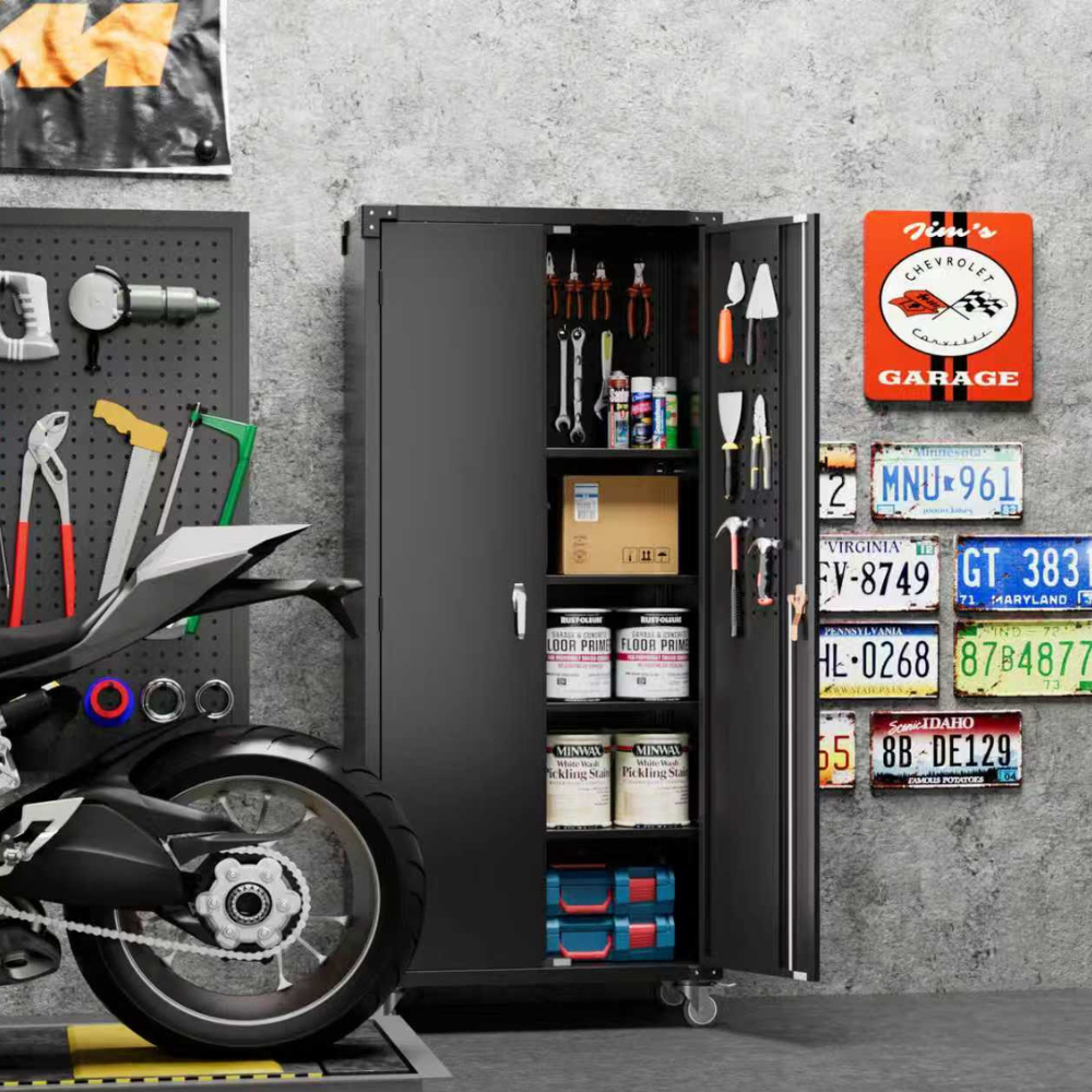 Black storage cabinet with tools and supplies in a garage setting, with a motorcycle and license plates on the wall.