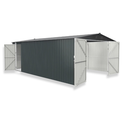 Metal storage shed with open doors on a white background