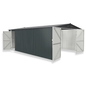 Metal storage shed with open doors on a white background