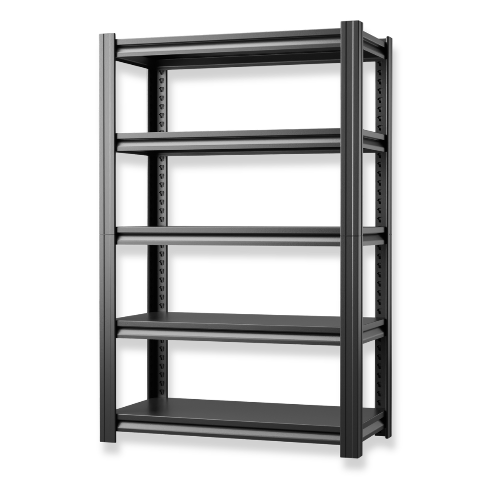 Black metal shelving unit with multiple shelves on a white background