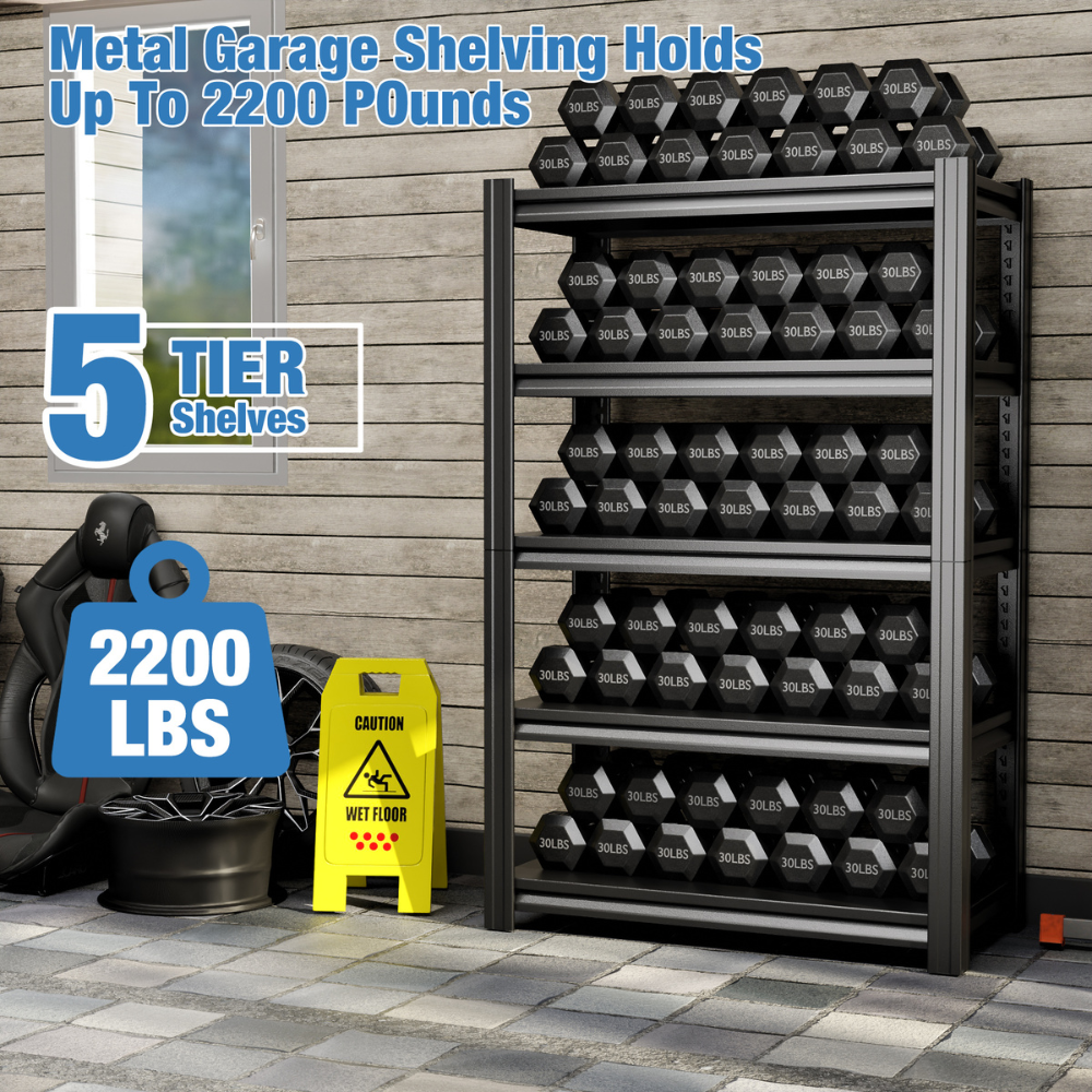Metal garage shelving unit with 5-tier shelves holding dumbbells, next to a caution sign on a concrete floor.