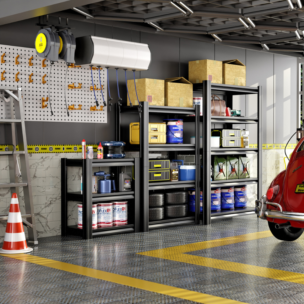 Organized garage with shelves, tools, and a red car.