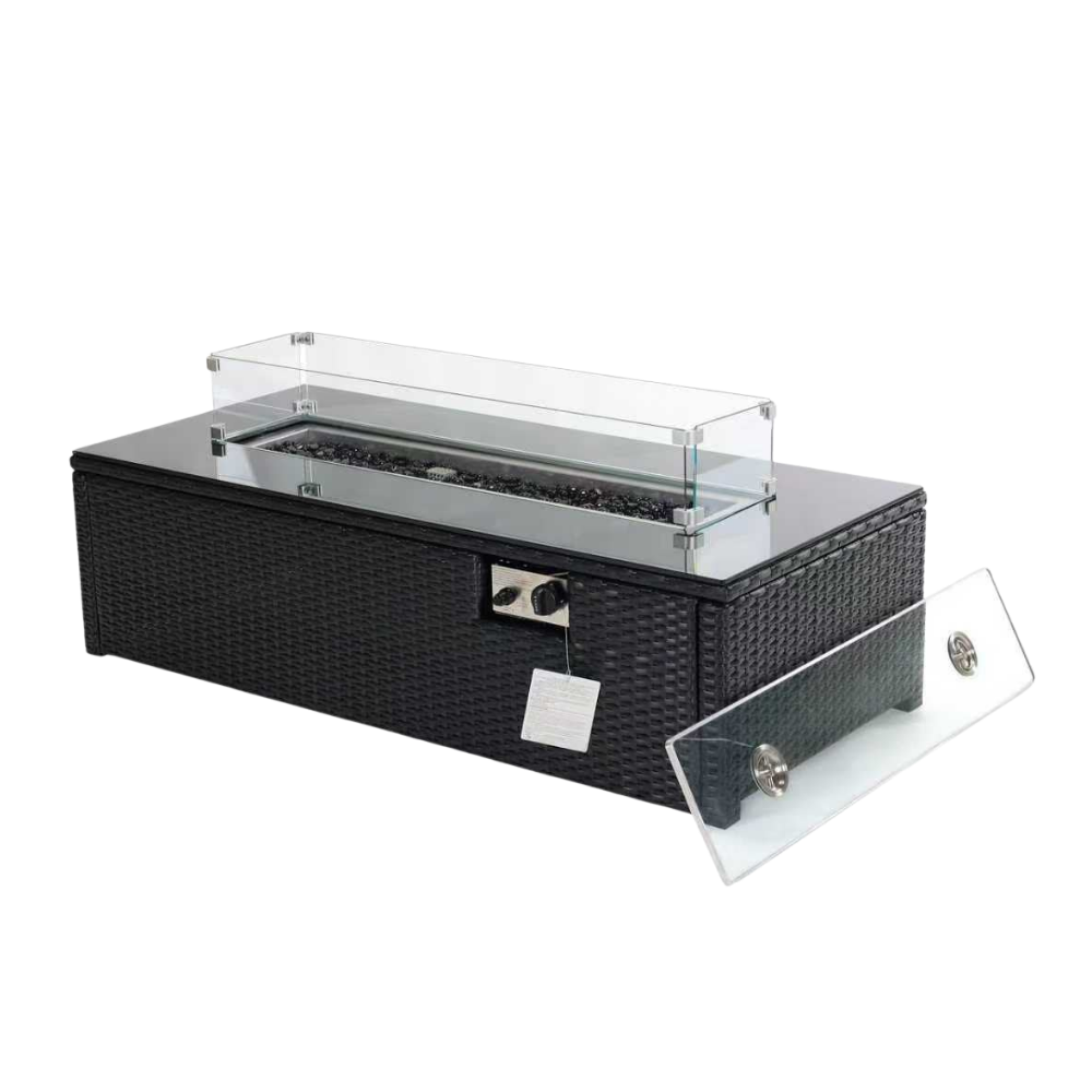 Black wicker outdoor fire pit table with a clear acrylic wind guard and a separate clear ash cover, shown on a white background.