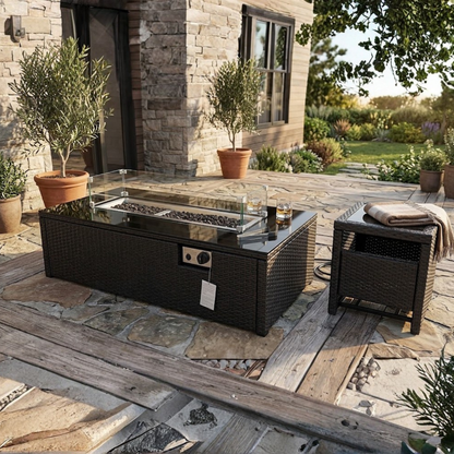 Outdoor patio furniture set including a rectangular black wicker fire pit table with a glass wind guard and wood-burning burner, a matching black wicker side table with a folded beige throw, and a stone house background.