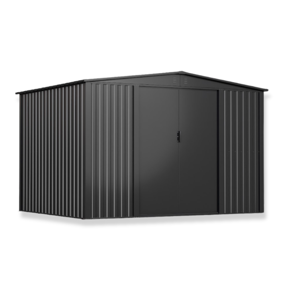Black metal storage shed on a white background