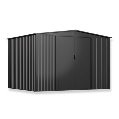 Black metal storage shed on a white background