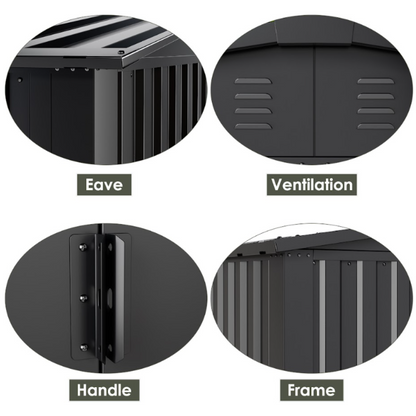 Black outdoor storage shed components labeled 'Eave', 'Ventilation', 'Handle', and 'Frame' on a white background.