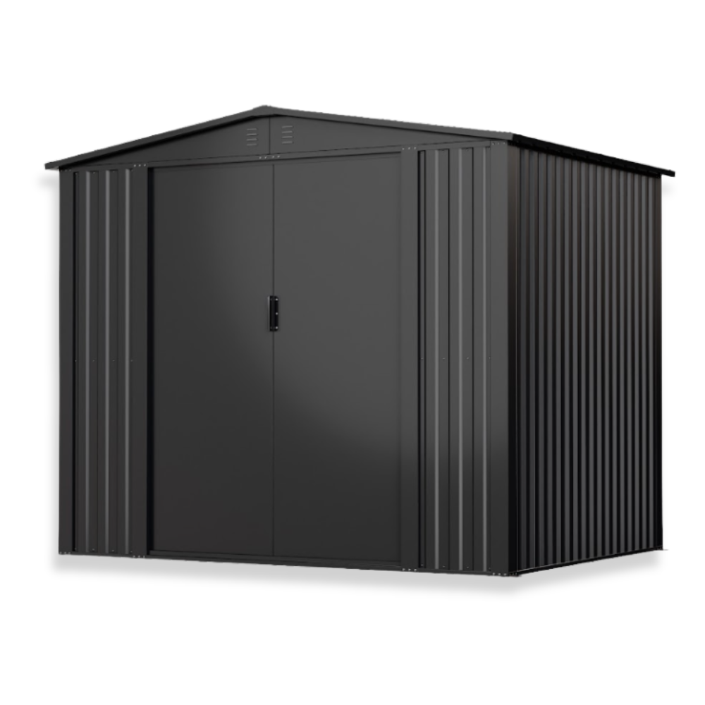 Black metal storage shed on a white background