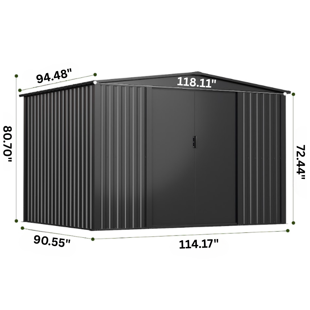 Black metal storage shed with dimensions labeled on a white background